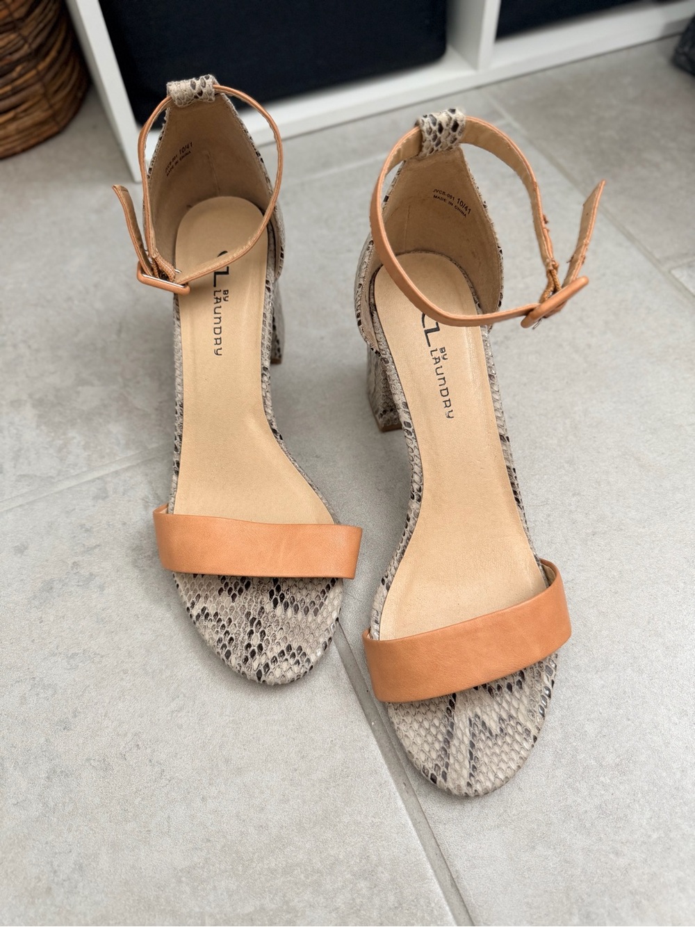 Tan Leather & Snake-Print Block Heel Sandals